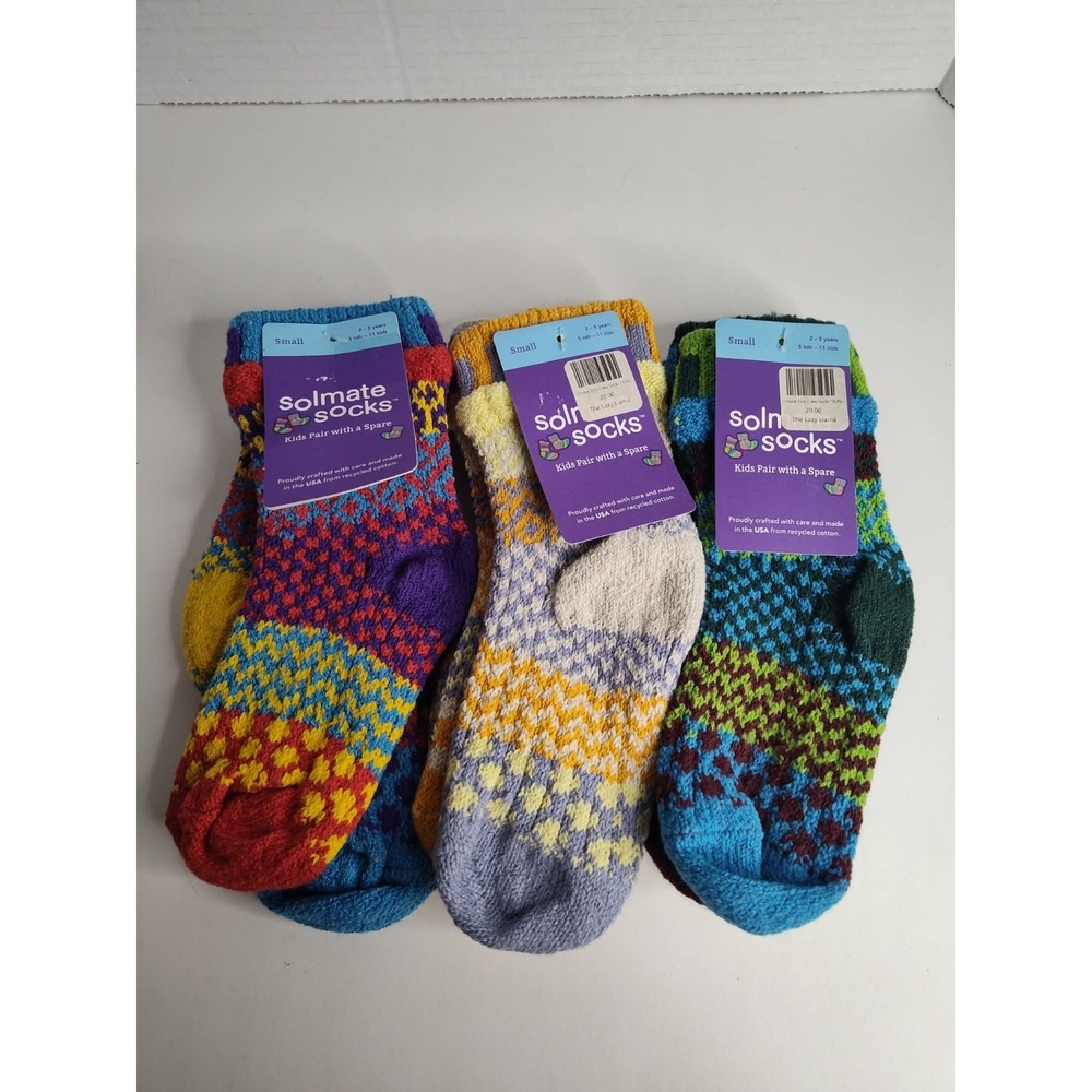 Lot Of 3 Solmate Socks Small SZ 5 TODDLER- 11 KID MisMatched Colorful Cotton NWT